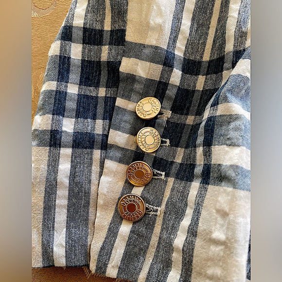 Olivvi NWT Cream and Blue Fitted Plaid Blazer  Jacket ,Gold Logo Button ,Size L - Picture 4 of 13